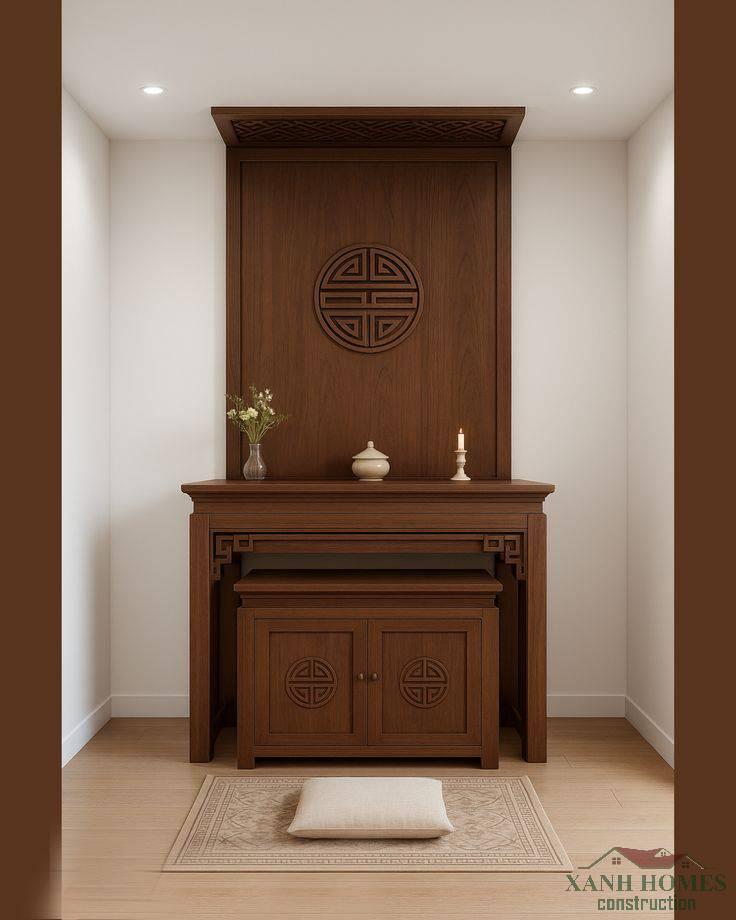 Thiết kế phòng thờ 2025: tối giản ấm, vật liệu bền, ánh sáng tầng