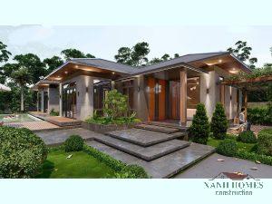 Biệt thự 1 tầng đẹp phong cách hiện đại, không gian xanh, thiết kế mở, tối ưu công năng, tiết kiệm năng lượng, vật liệu, cảnh quan sân vườn XanhHomes
