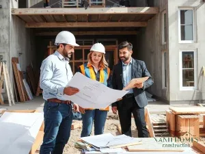 Đội ngũ xây dựng chuyên nghiệp kiểm tra vật liệu chất lượng cho chung cư mini, bản thiết kế trong tay