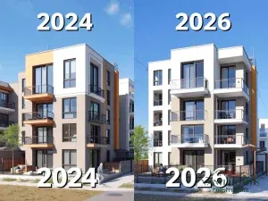So sánh hai công trình chung cư mini hiện đại, thiết kế 2024 và 2026, xây dựng cạnh nhau dưới ánh sáng tự nhiên