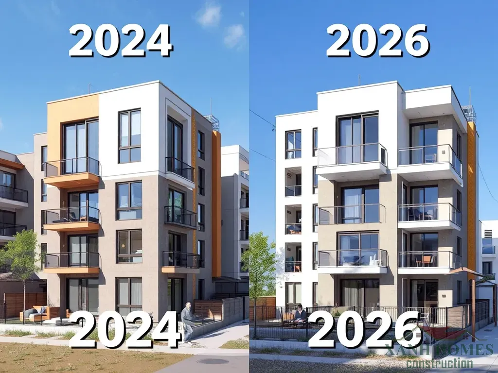 So sánh hai công trình chung cư mini hiện đại, thiết kế 2024 và 2026, xây dựng cạnh nhau dưới ánh sáng tự nhiên